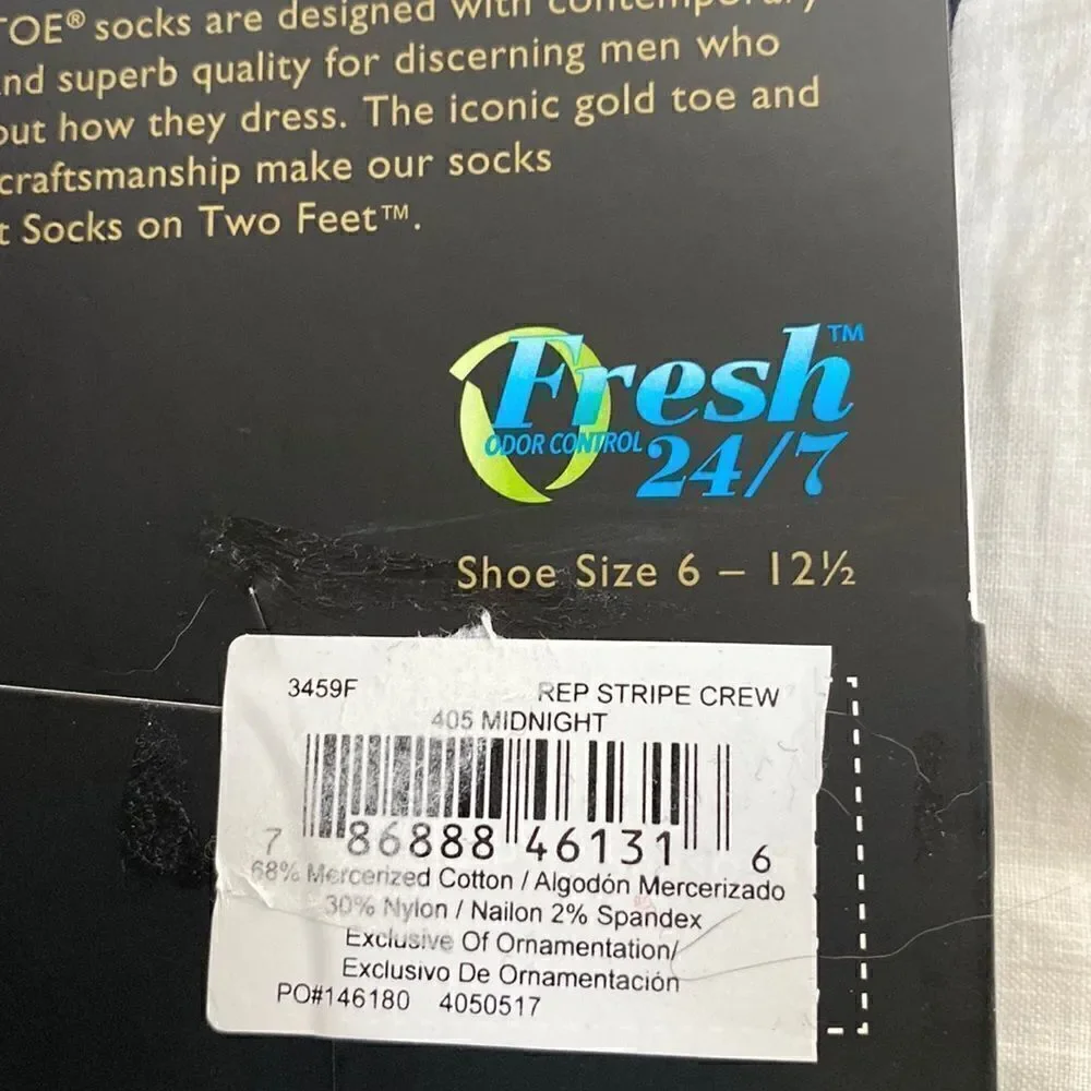 GOLD TOE Midnight Rep StripeCrew Socks-6-12.5 NWT